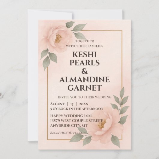 Blush Floral Frame Wedding Invitation Einladung (Vorderseite)