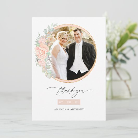 Blush Floral Geometric Wedding Foto Collage Dankeskarte (Stehend Vorderseite)