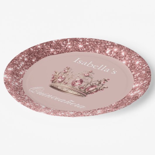Blush Floral Glitzern Tiara Crown Quinceñera Pappteller (Schrägansicht)