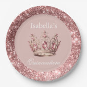 Blush Floral Glitzern Tiara Crown Quinceñera Pappteller (Vorderseite)