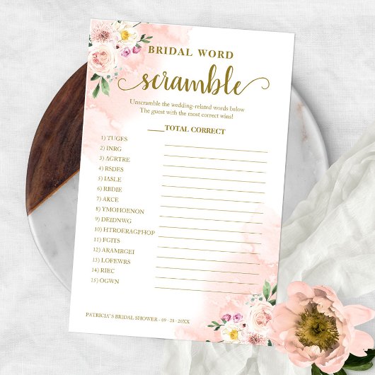 Blush Floral Gold Bridal Word Scramble Spiel Flyer