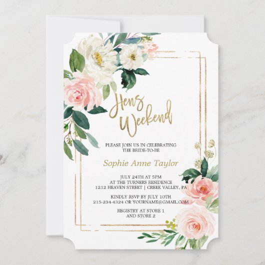 Blush Floral Gold Frame Bachelorette Wochenende Pa Einladung (Vorderseite)