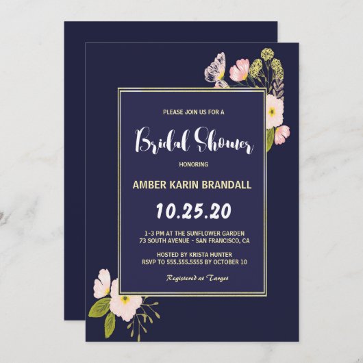 Blush Floral Gold Frame Navy Blue Brautparty Einladung (Vorne/Hinten)