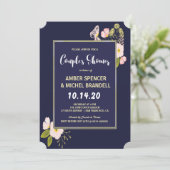 Blush Floral Gold Frame Navy Blue Couple Dusche Einladung (Stehend Vorderseite)