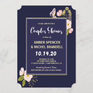 Blush Floral Gold Frame Navy Blue Couple Dusche Einladung
