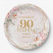 Blush Floral Gold Frame Stylish 90 Birthday Plates Pappteller (Vorderseite)