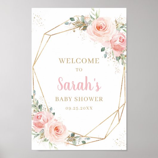 Blush Floral Gold Geometric Baby Dusche Willkommen Poster (Vorne)
