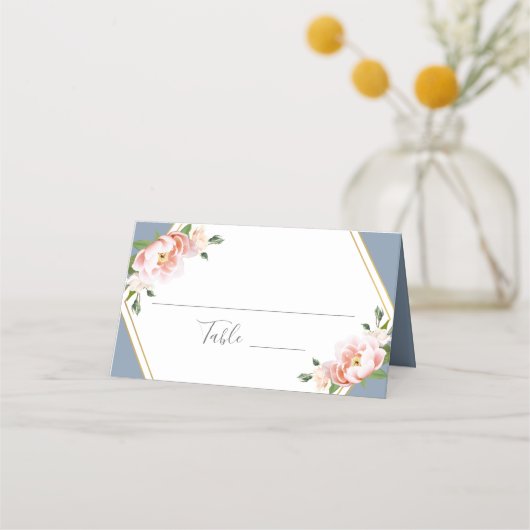 Blush Floral Gold Geometric Dusty Blue Wedding Platzkarte (Vorderseite)