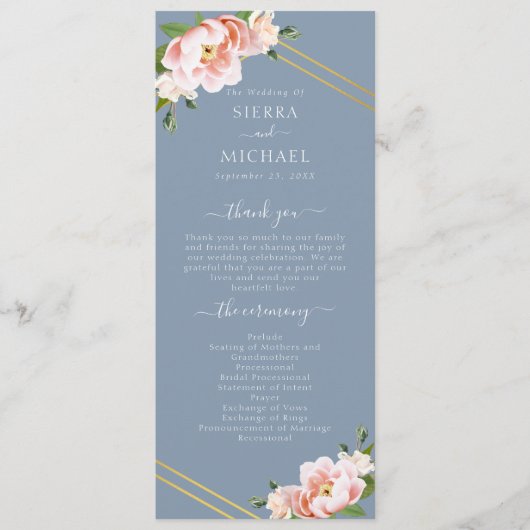 Blush Floral Gold Geometric Dusty Blue Wedding Programm (Vorderseite)