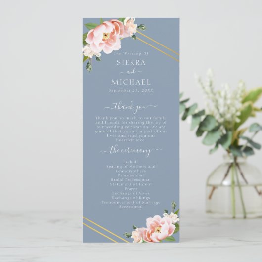 Blush Floral Gold Geometric Dusty Blue Wedding Programm (Stehend Vorderseite)