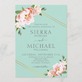 Blush Floral Gold Geometric Mint Green Wedding Einladung