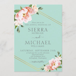 Blush Floral Gold Geometric Mint Green Wedding Einladung