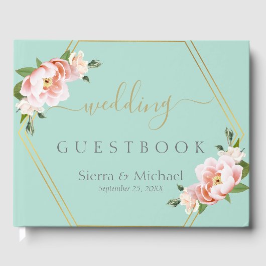 Blush Floral Gold Geometric Mint Green Wedding Gästebuch (Vorderseite)