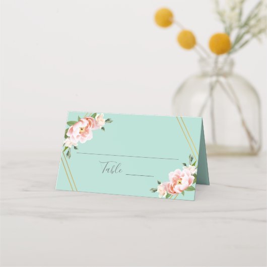 Blush Floral Gold Geometric Mint Green Wedding Platzkarte (Vorderseite)