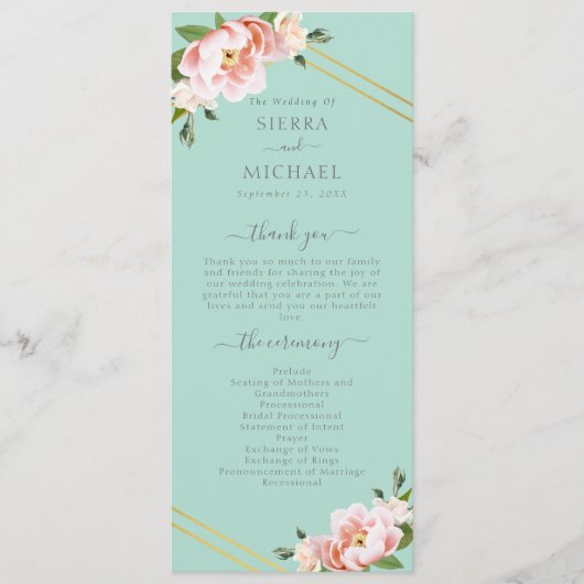 Blush Floral Gold Geometric Mint Green Wedding Programm (Vorderseite)
