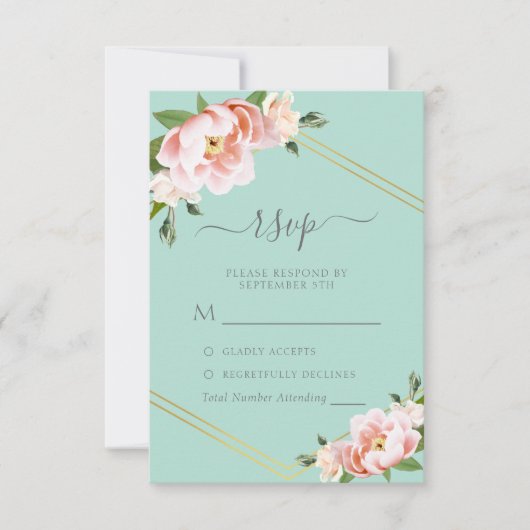 Blush Floral Gold Geometric Mint Green Wedding RSVP Karte (Vorderseite)