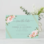 Blush Floral Gold Geometric Mint Green Wedding Save The Date (Stehend Vorderseite)