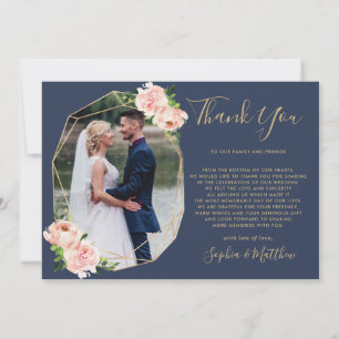 Blush Floral Gold Geometric Navy Foto Hochzeit Dankeskarte