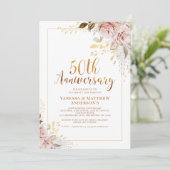 Blush Floral Gold Kalligraphie 50 Jahre Jubiläum Einladung (Stehend Vorderseite)