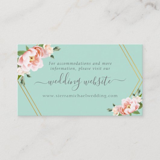 Blush Floral Gold Mint Green Wedding Website Begleitkarte (Vorderseite)