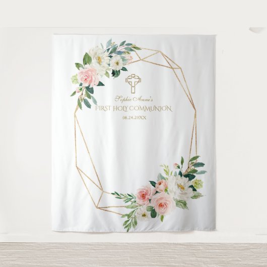 Blush Floral Gold Rahmen Heilige Kommunion Hinterg Wandteppich (Vorderseite)