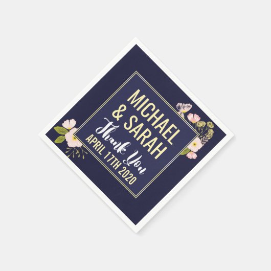 Blush Floral Gold Rahmen Navy Blue Custom Wedding Serviette (Ecke)