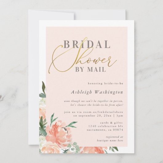 Blush Floral Gold Script Brautparty per Mail Einladung (Vorderseite)