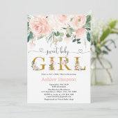 Blush Floral Gold Sweet Girl Baby Dusche Einladung (Stehend Vorderseite)