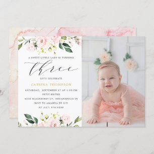 Blush Floral Greenerie Girl 3. Geburtstag Foto Einladung