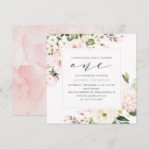 Blush Floral Greenery Girl 1. Geburtstag Party Einladung