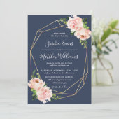 Blush Floral Greenery Gold Geometric Navy Hochzeit Einladung (Stehend Vorderseite)