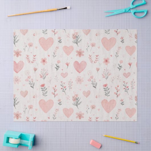 Blush Floral Heart Pattern Tissue Paper Seidenpapier (Basteln)