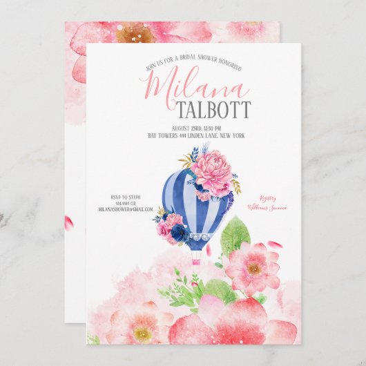 Blush Floral Hot Air Ballon Brautparty Einladung (Vorne/Hinten)