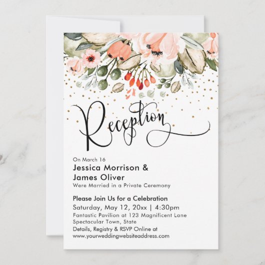 Blush Floral Imitate Gold Confetti Hochzeitsempfan Einladung (Vorderseite)