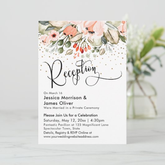Blush Floral Imitate Gold Confetti Hochzeitsempfan Einladung (Stehend Vorderseite)