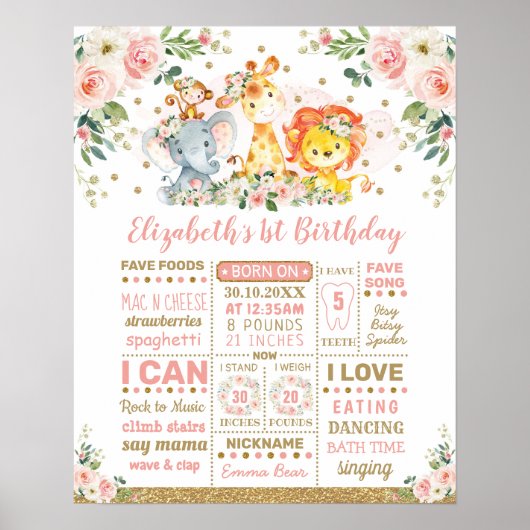 Blush Floral Jungle Animals 1. Geburtstag Meilenst Poster (Vorne)