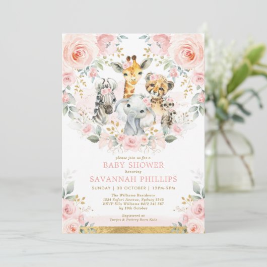 Blush Floral Jungle Safari Tiere Babydusche Einladung (Stehend Vorderseite)