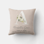 Blush Floral Letter A Monogram Baby Birth Stats Kissen (Rückseite)