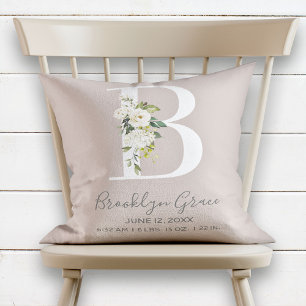 Blush Floral Letter B Monogram Baby Birth Stats Kissen