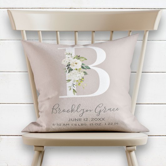 Blush Floral Letter B Monogram Baby Birth Stats Kissen