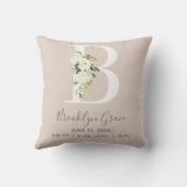 Blush Floral Letter B Monogram Baby Birth Stats Kissen (Rückseite)