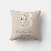 Blush Floral Letter B Monogram Baby Birth Stats Kissen (Vorderseite)
