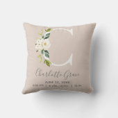 Blush Floral Letter C Monogram Baby Birth Stats Kissen (Rückseite)