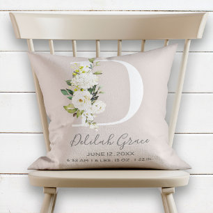 Blush Floral Letter D Monogram Baby Birth Stats Kissen