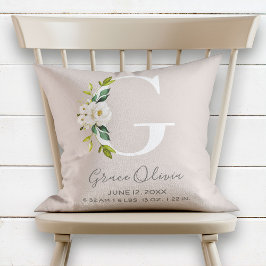 Blush Floral Letter G Monogram Baby Birth Stats Kissen