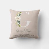 Blush Floral Letter G Monogram Baby Birth Stats Kissen (Rückseite)