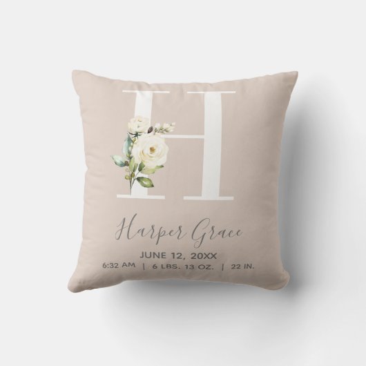 Blush Floral Letter H Monogram Baby Birth Stats Kissen (Rückseite)