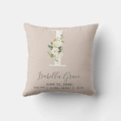 Blush Floral Letter I Monogram Baby Birth Stats Kissen (Rückseite)