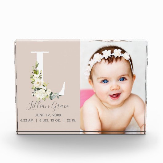 Blush Floral Letter L Foto Monogram Birth States (Vorderseite)