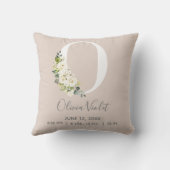 Blush Floral Letter O Monogram Baby Birth Stats Kissen (Rückseite)